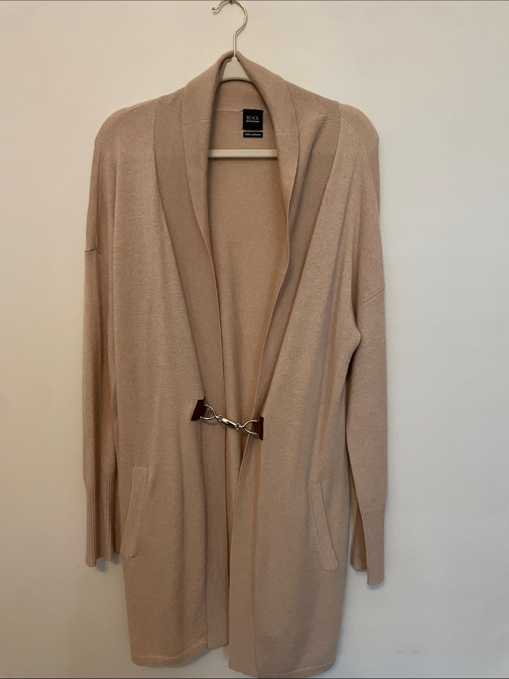 Saks Fifth Avenue Black Label Beige Open-Front Cardigan with Metal Hook